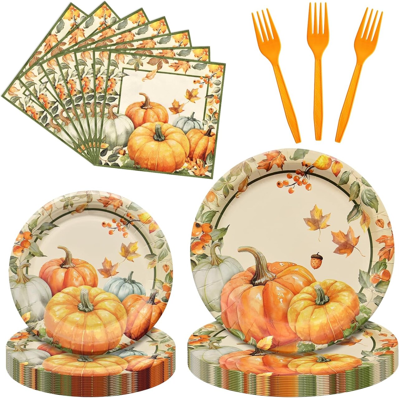 96 Pcs Thanksgiving Pumpkin Tableware Set - Paper Plates, Napkins, and Forks - Serves 24